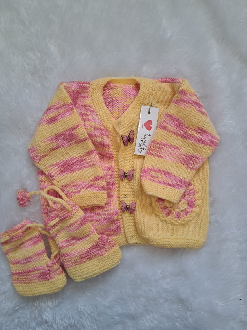 Pink & Yellow Patch Crochet Sweater with Butterflies – Size 1–2 Years