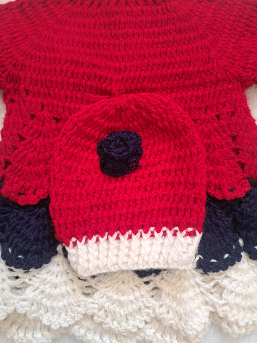 Handcrafted Red Crochet Dress with Cap – Size 1–2 Years