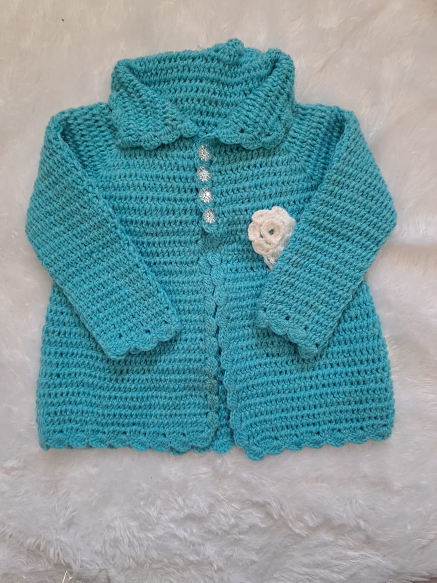 Handmade Sky Blue Crochet Jacket with Cap