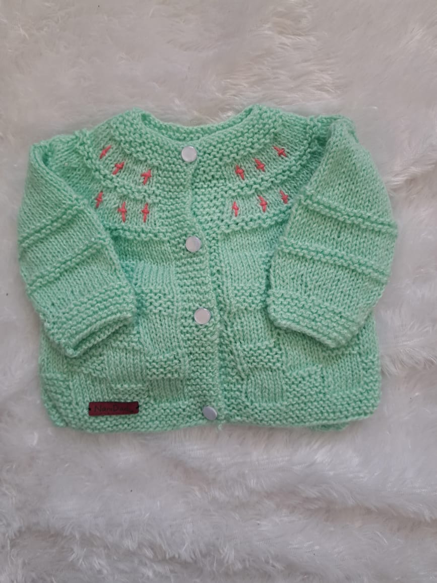 Newborn Handknitted Sweater Set with Cap and Booties – Pistachio Green