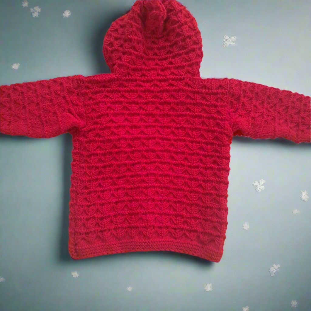 Red Handknitted Hoodie Cardigan with Button & Booties