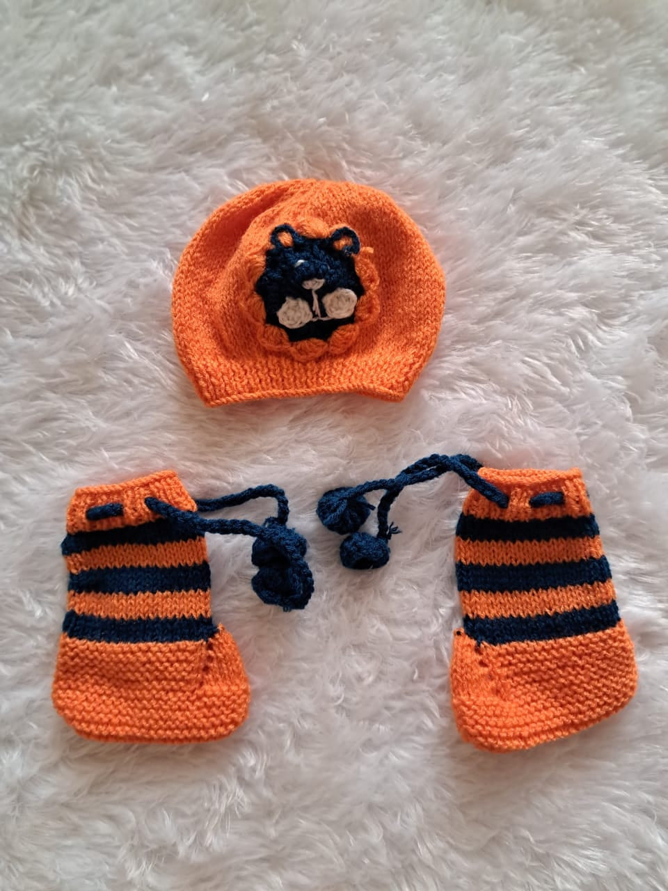 Blue and Orange Handknitted Newborn Sweater | Animal Face Patch