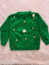 Beige Crochet Sweater Set with Cap and Booties | Christmas Reindeer Patch | Back Button Opening