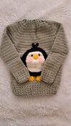 Grey Crochet Sweater with Penguin Patch | Side Button Opening