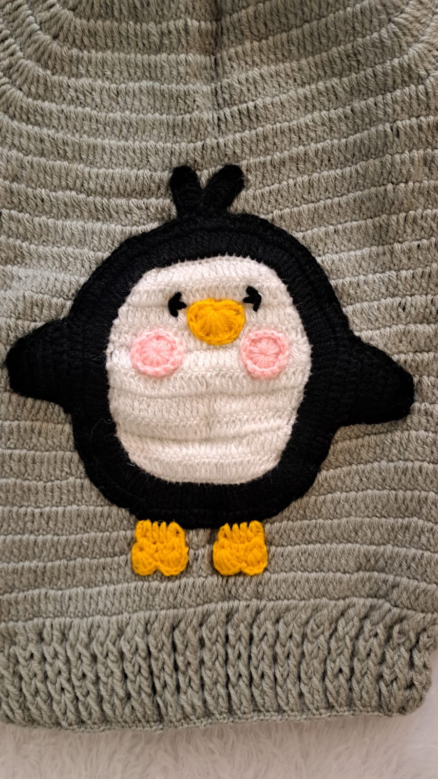 Grey Crochet Sweater with Penguin Patch | Side Button Opening