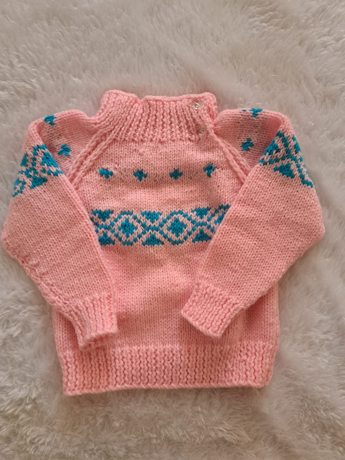 Light Pink Crochet Sweater with Self-Blue Design | Side Button Closing