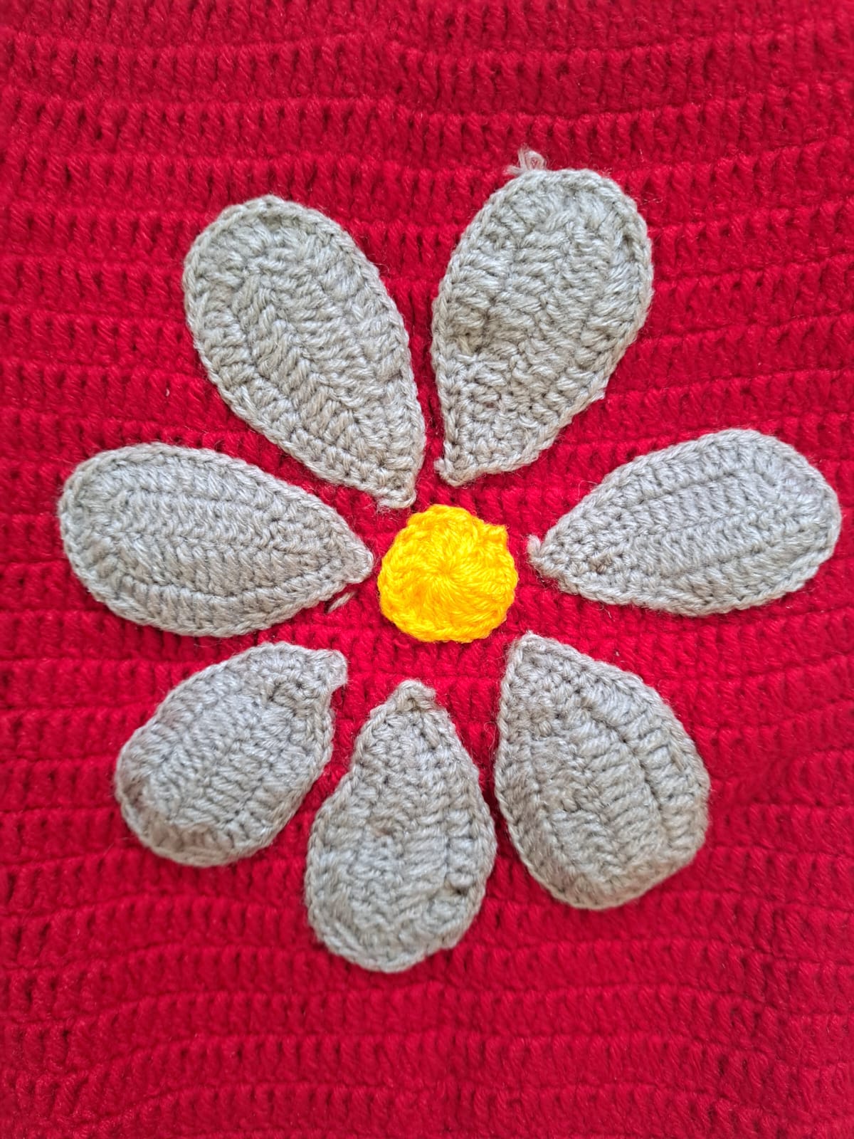 Red Crochet Sweater with Grey Flower Patch Design | Side Button Opening | 3–4 Years | One Piece Available
