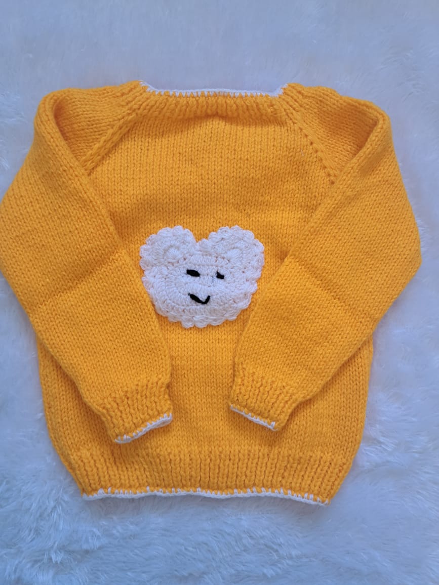 Bright Yellow Handknitted Sweater with Heart Patch | Back Button Opening | 3–4 Years | One Piece Available