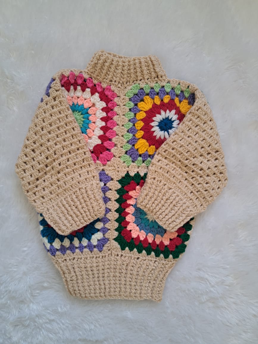 Crochet Granny Patch Sweater with High Neck on Beige Base | Multicolour Patches | 2–3 Years | One Piece Available