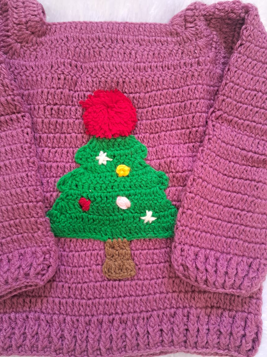 Purple Crochet Sweater with Christmas Tree Work | 2–3 Years | 2 Pieces Available