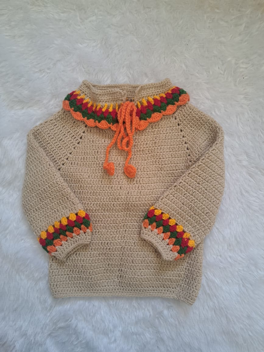 Handknitted Crochet Top with Multicolour Collar and Sleeves for 2–3 Years | Includes Stylish Hat | One Piece Available