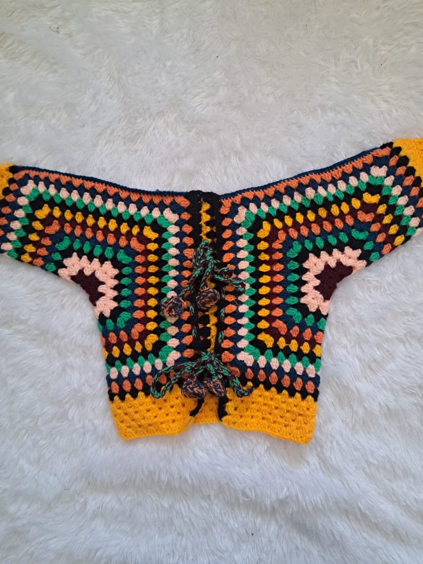 Handmade Hexagon Crochet Open Jacket with Strings for 1–2 Years | Limited Edition