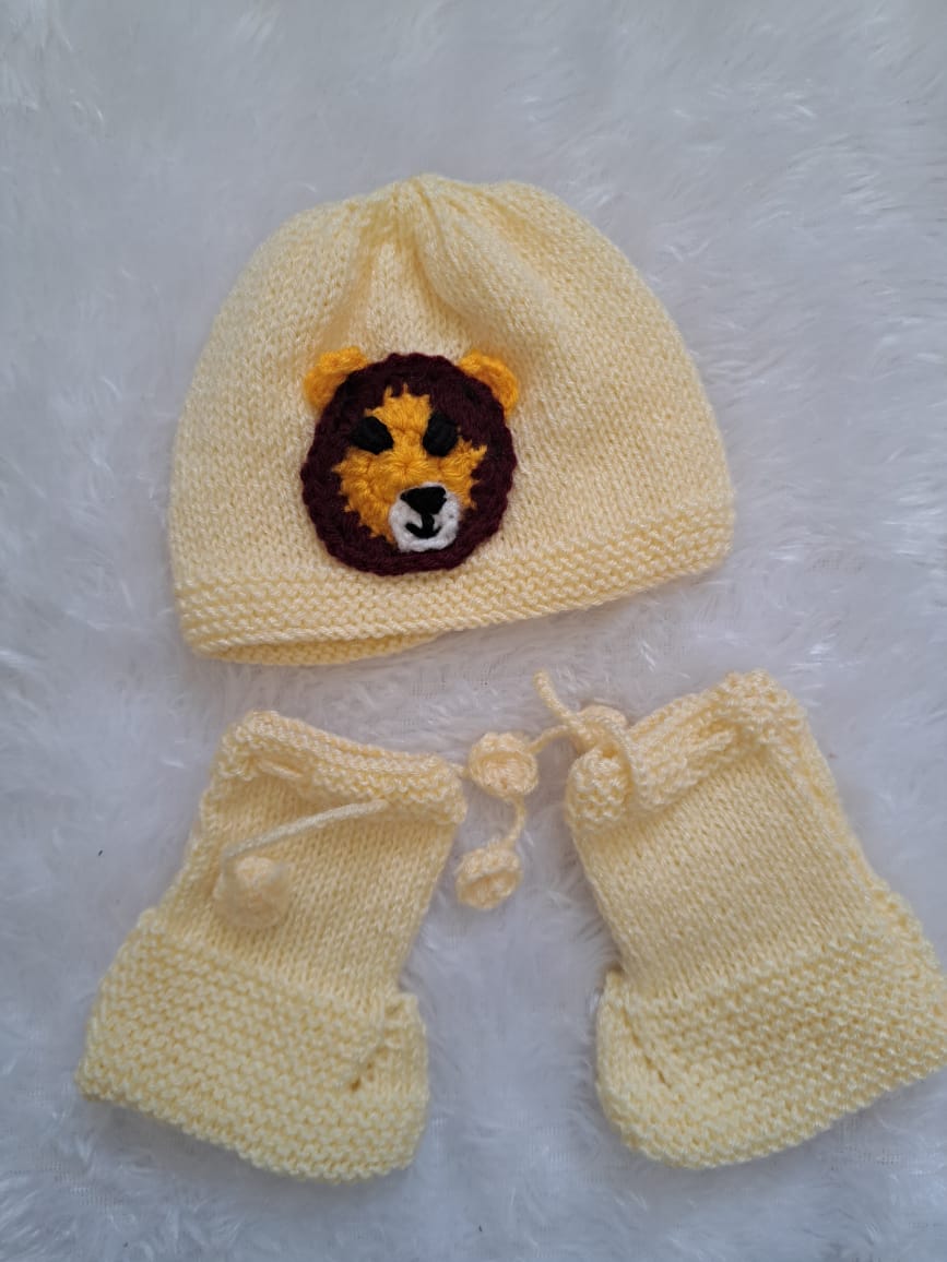Lemon Yellow Tiger Patch Crochet Sweater Set – 6–12 Months