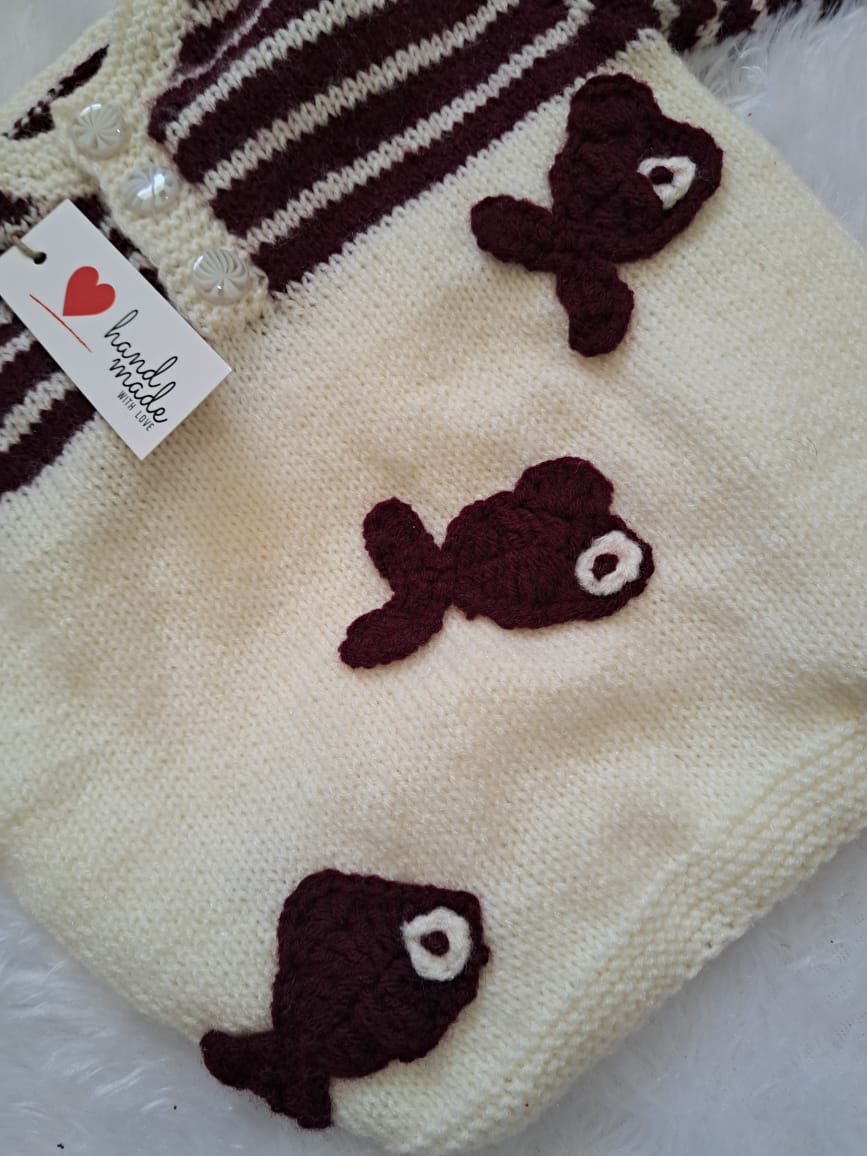 Off-White & Maroon Fish Crochet Sweater with Boots – Size 1–2 Years