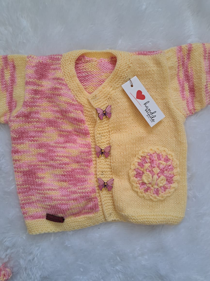 Pink & Yellow Patch Crochet Sweater with Butterflies – Size 1–2 Years