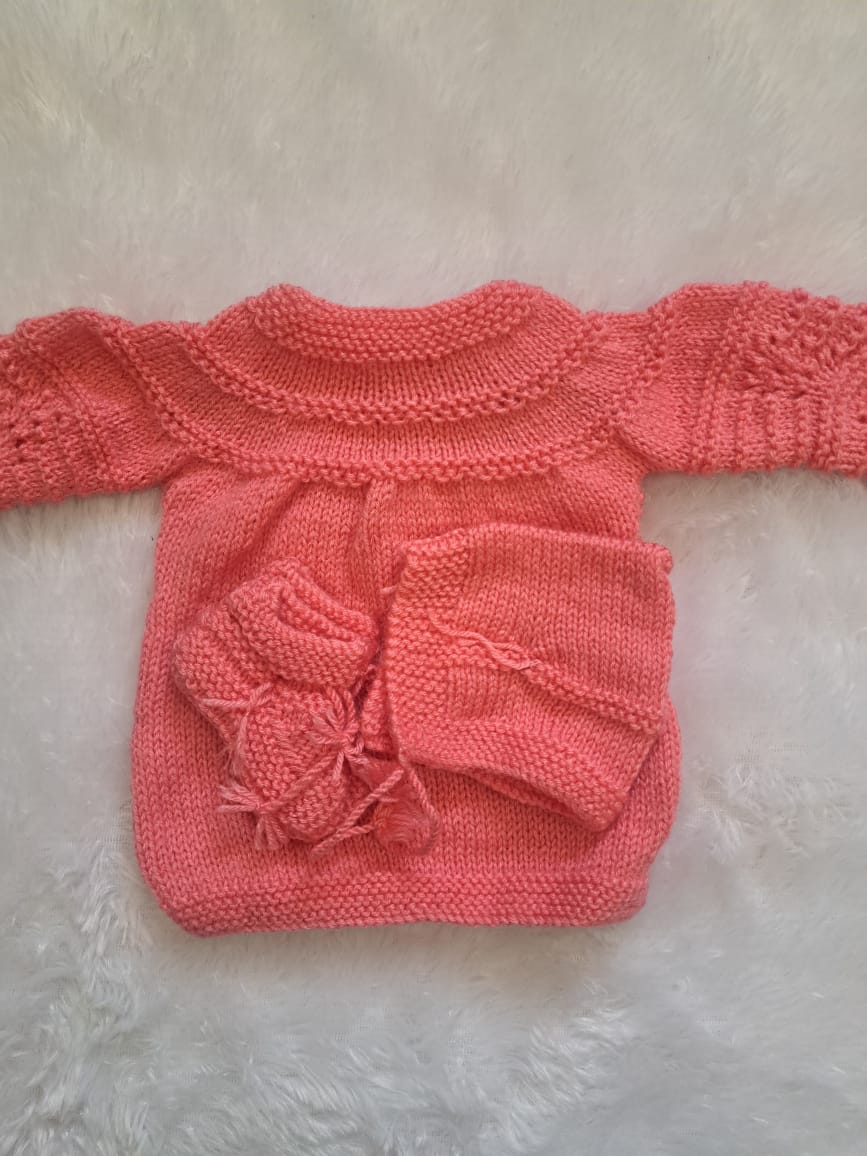 Handmade Reddish-Pink Crochet Sweater Set with Cap and Booties – Newborn Size